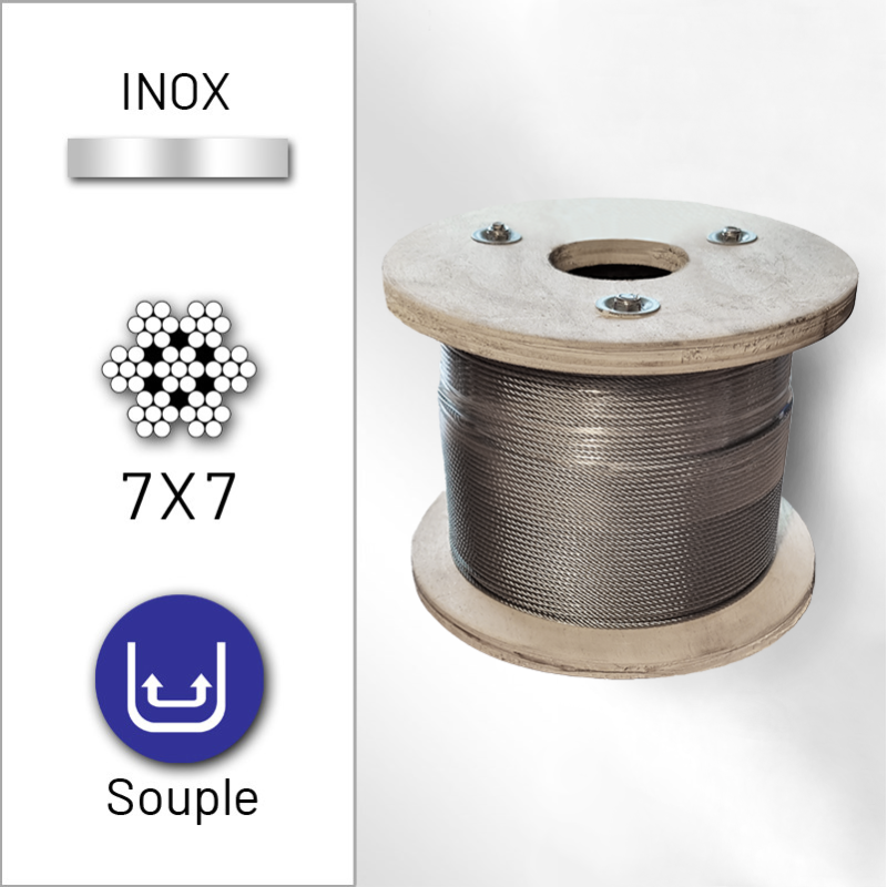 Cable 5mm inox 316 Souple 7x7 inox 316 A4 Longueur 10m 20m 50m 70m 100m Rouleau 100m 250m Couronne 10m 