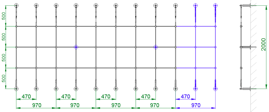 Schéma de montage du kit de support pour plantes grimpantes référence 700012 : 2 m x 5 m